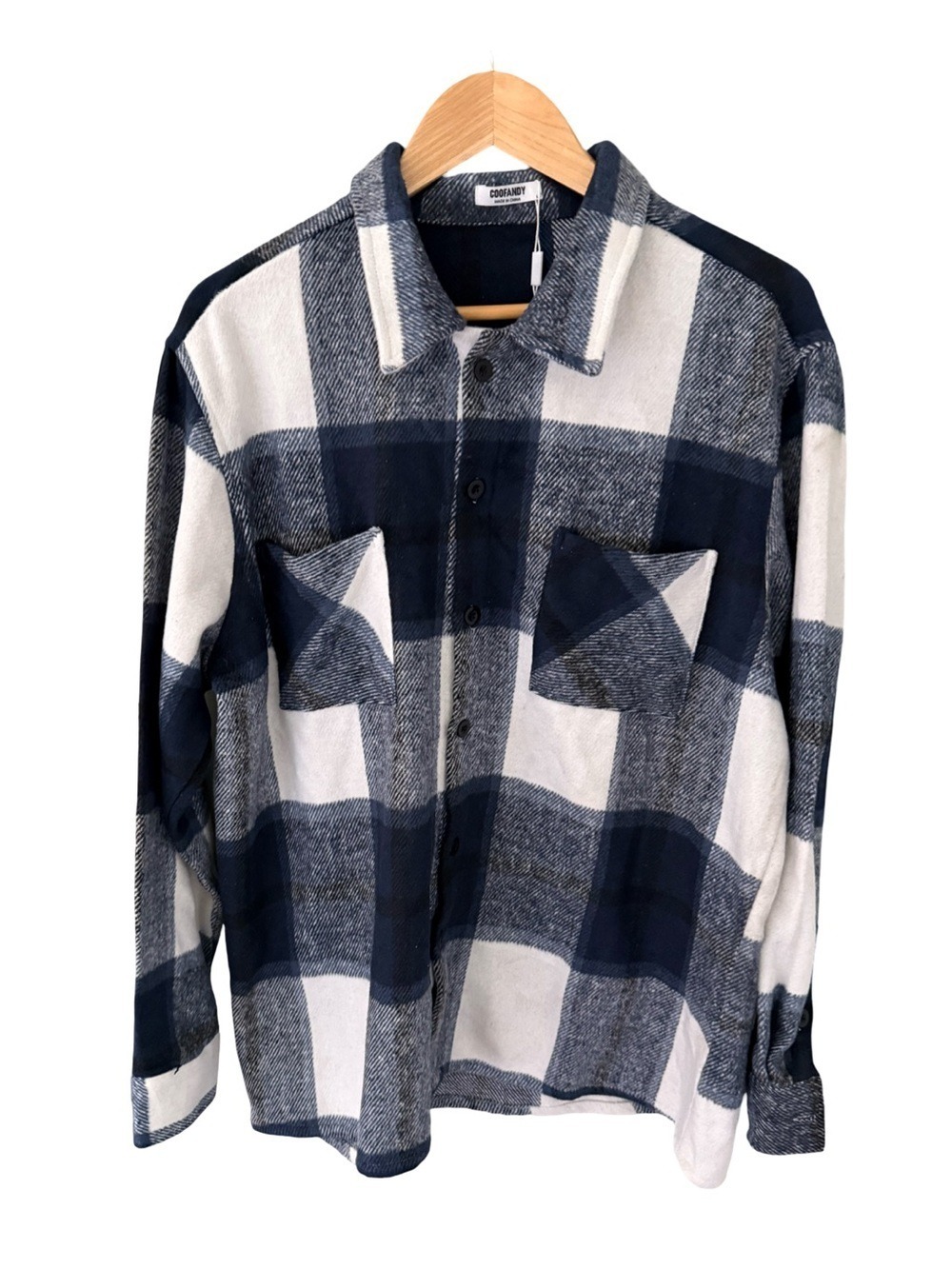 Coofandy Men's Navy White Button Down Flannel Plaid Shacket NWT Size L